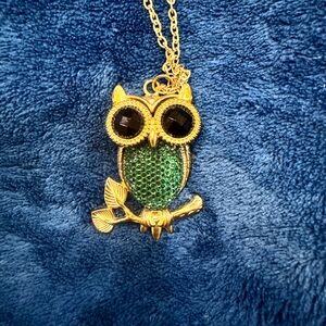 Vintage Gold and Green Owl Pendant Necklace